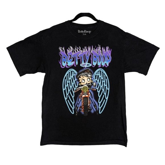Betty‎ Boop with Angel Wings Biker Chic Black Print front and back Tshirt Tee M - Picture 2 of 6